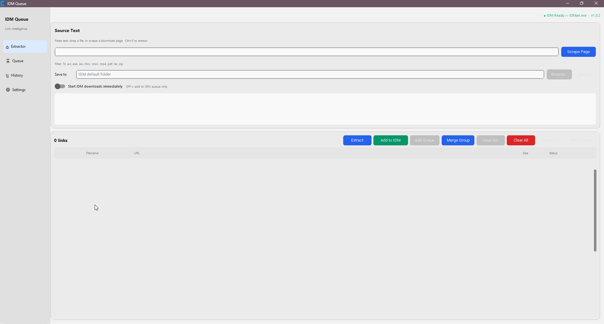 Extractor tab with link list and metadata