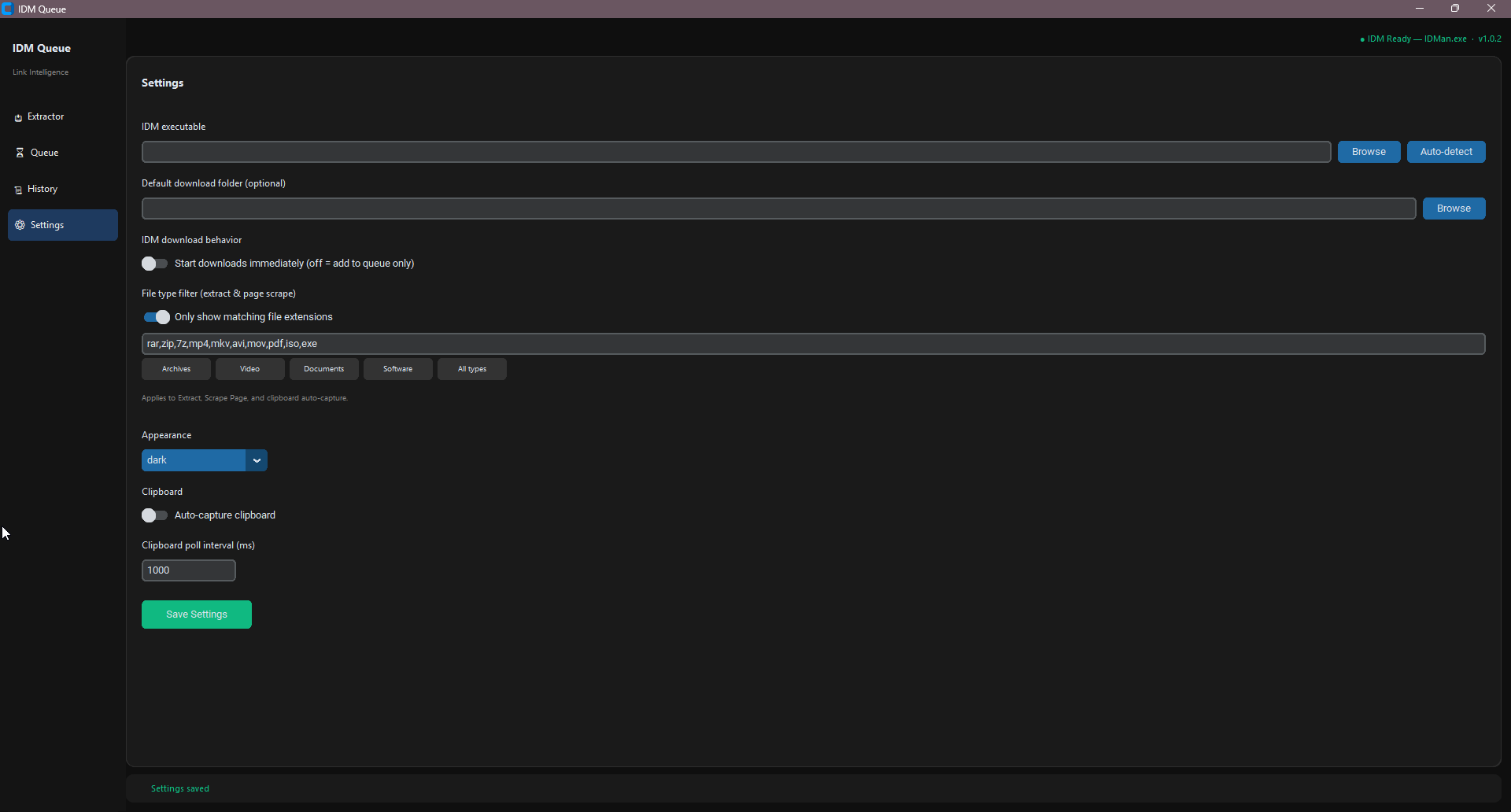 Settings panel